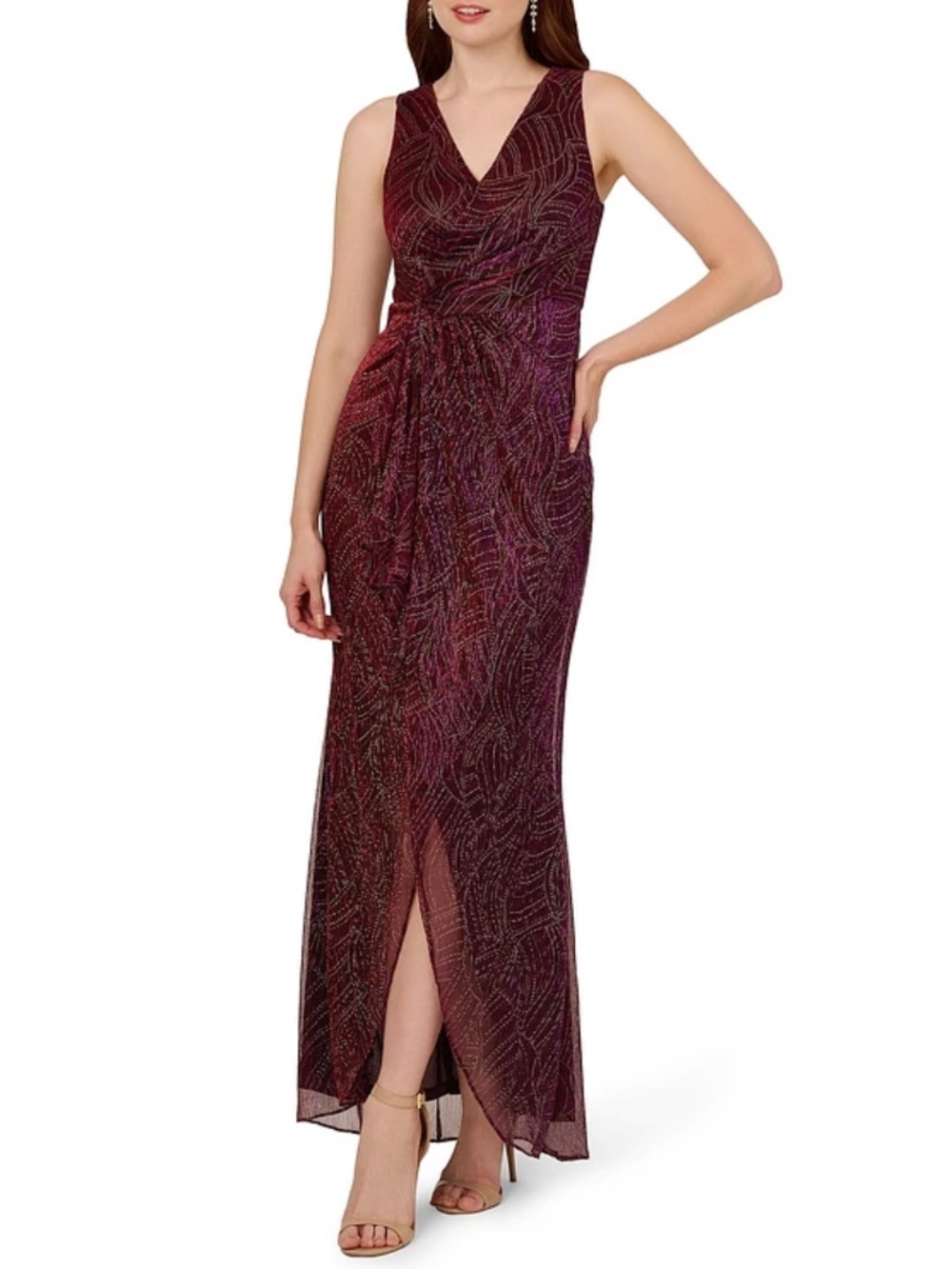 Adrianna Papell - Sleeveless Metallic Mesh Cascade Faux-Wrap Gown